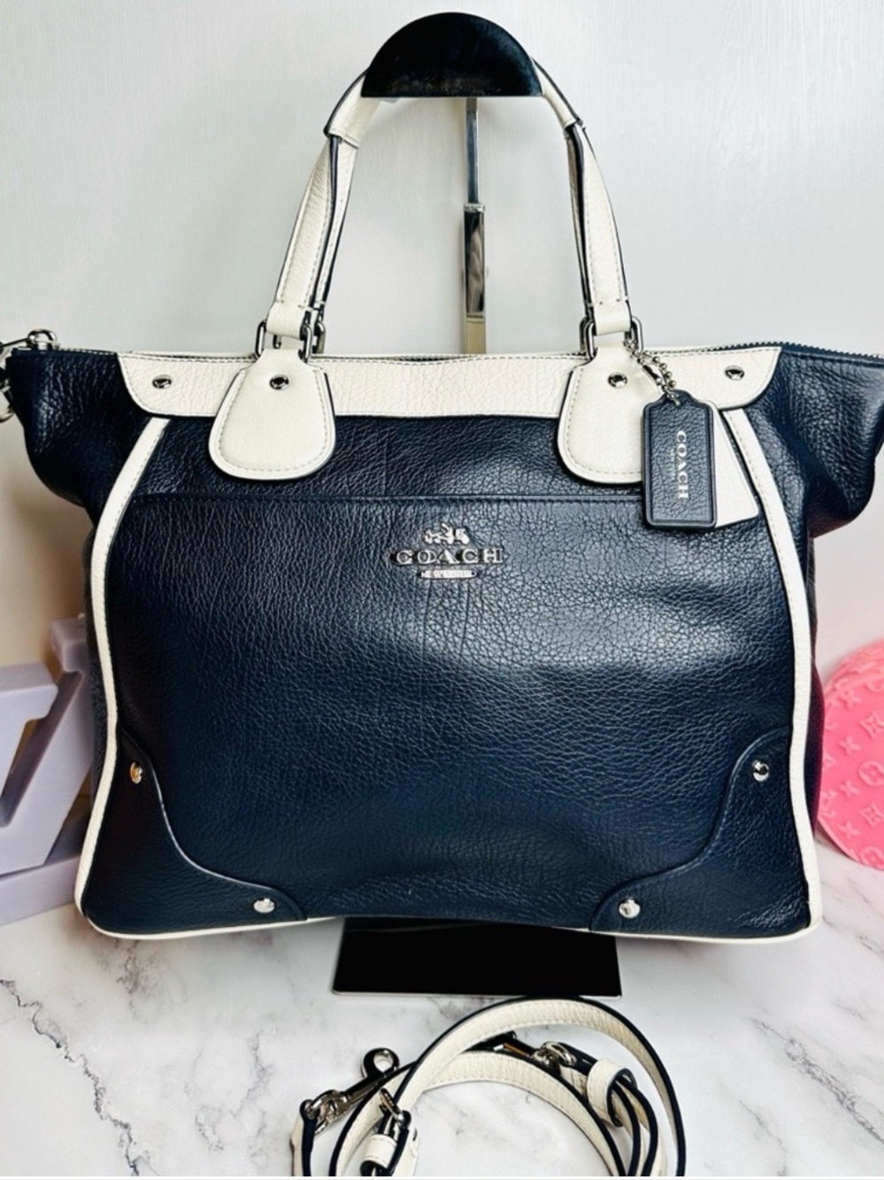 Coach F37679 Mickie spectator dark navy/Cream pebbled Leather handbag/tote bag